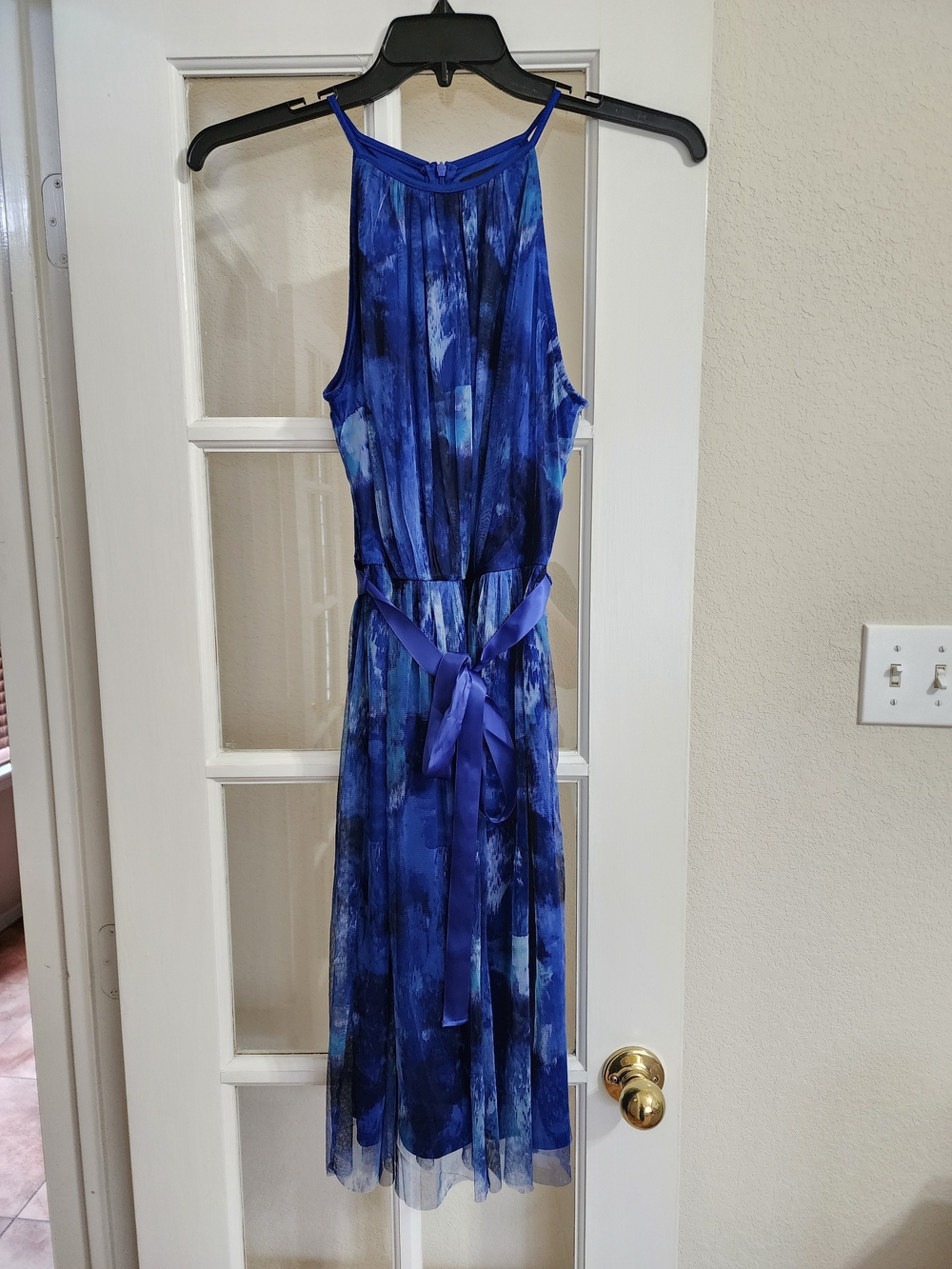 Candalite Blue Watercolor Mesh Midi Dress High Neck Sash Tie Size Medium